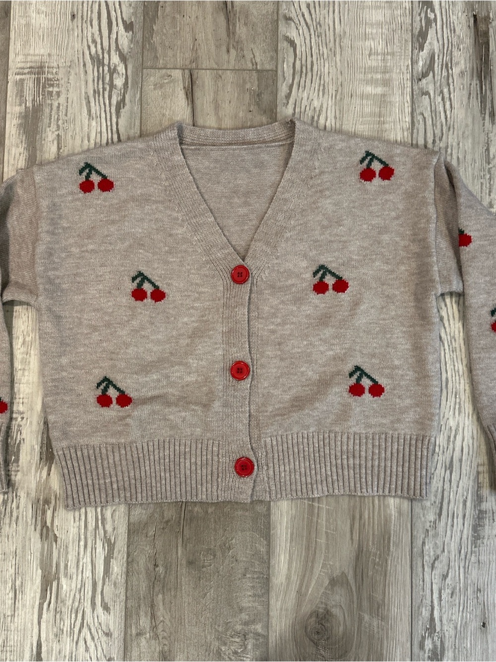 Soft Taupe cardigan with cherries